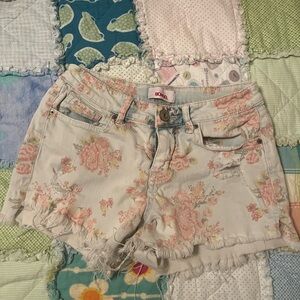 BONGO Cream and Pink Jean Shorts Distressed Floral